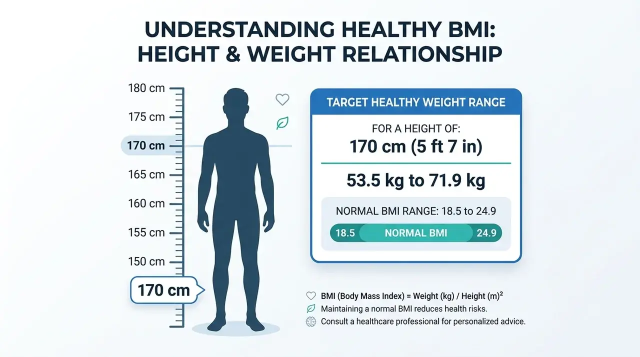 Illustration showing healthy weight range based on height and BMI