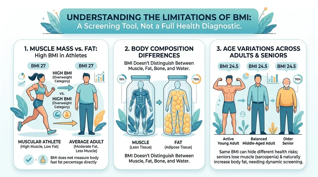 Illustration explaining limitations of BMI as a health screening measure